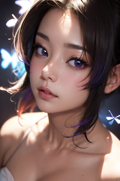  masterpiece,1girl,kochou shinobu,solo,looking at viewer,simple background,collarbone,lips,artbook,macro_shot,, kochou shinobu