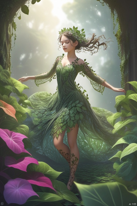 illustrious, girl, dancing on leaves and flower petals made of g1h3r, grsw and covered in fractal vines, intricate details, colorful, magical, realism, hyperrealistic, fractalvines, a beautiful girl, (cabbage with large leaves)_dress