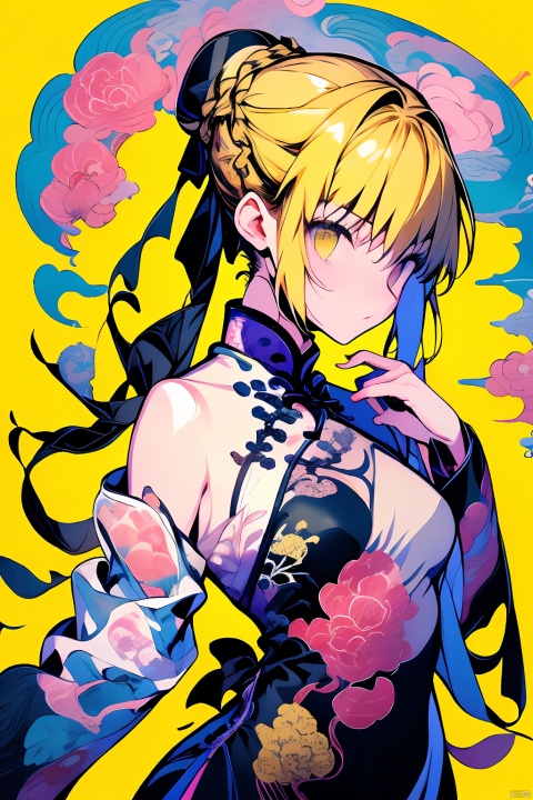  masterpiece,1girl,solo,looking at viewer,bangs,blonde hair,simple background,dress,ribbon,bare shoulders,hair ribbon,yellow eyes,braid,sidelocks,small breasts,black gloves,elbow gloves,hair bun,black ribbon,sleeveless dress,single hair bun,yellow background,french braid,lolita fashion,black border,artoria pendragon \(fate\),saber,, artoria pendragon \(fate\), (\meng ze\), (\ji jian\), jiqing, Trainee Nurse, smwuxia Chinese text blood weapon:sw, Ink scattering_Chinese style, lbc girl