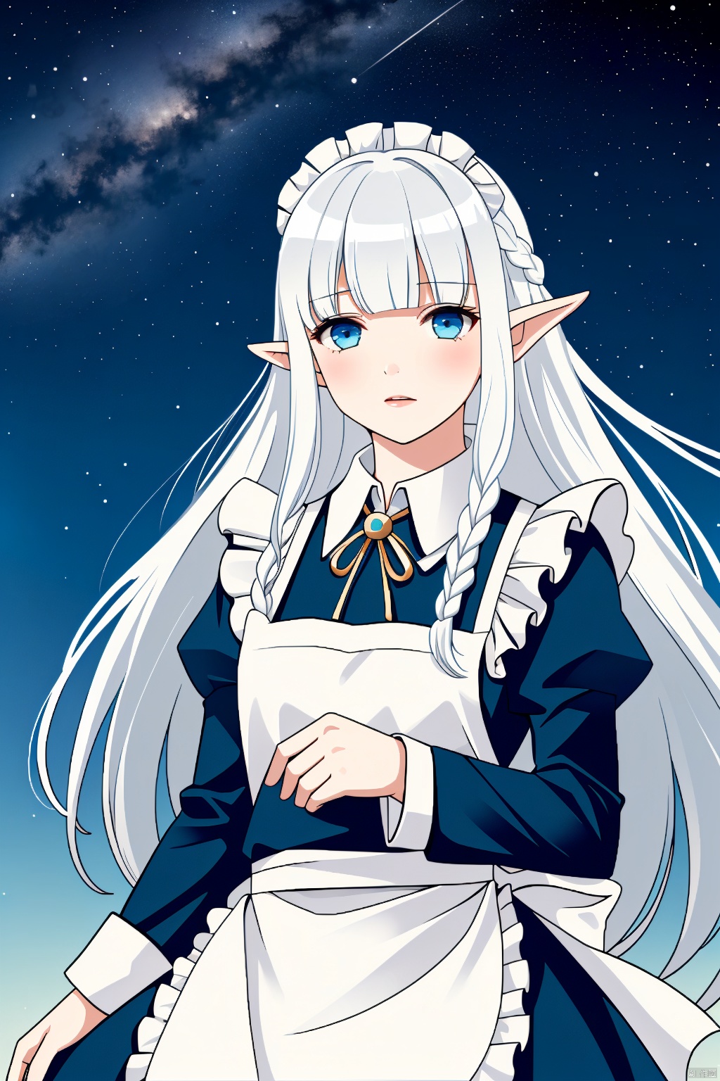  realistic,Nephelia,1girl,pointy ears,blue eyes,very long hair,white hair,elf,apron,maid,collar,braid,dress,long sleeves,frills,blunt bangs,hair ribbon,flowers,,stars in the eyes, messy floating hair, colored inner hair, Starry sky adorns hair, depth of field,