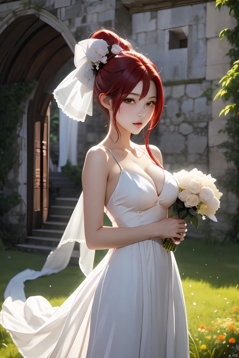 score_9, score_8_up, score_7_up, score_6_up,
Yoko Littner, red hair, long hair, ponytail hairstyle, yellow eyes
 1girl,solo , medium breast, sagging breast, hour glass figure, lusty look, looking at viewer ,perky breast cleavage, 
nature background, flowers, white flowers, next to a castle, standing in a castle keep, abandoned castle, overgrown castle, standing against piller,  against the wall, face on to viewer,
wedding dress, lace dress, white wedding dress, cleavage, bulding breast, short dress, holding flowers, holding roses