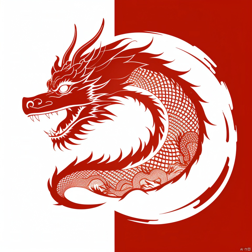  dragon pattern, flat, white background, monochrome, full body, from side, no humans, fangs, red theme