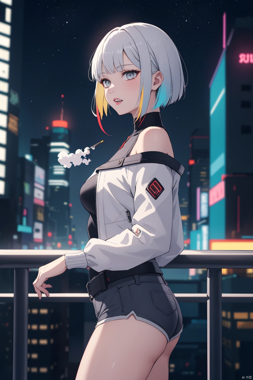  lucy \(cyberpunk\),1girl,against railing,arm rest,bangs,bare shoulders,belt,black belt,black leotard,black pants,blurry,bob cut,breasts,building,cigarette,cityscape,clothing cutout,cropped jacket,cyberpunk,depth of field,from side,gradient eyes,grey eyes,grey hair,holding,holding cigarette,jacket,leotard,lips,long sleeves,looking afar,looking ahead,mechanical parts,medium breasts,multicolored eyes,multicolored hair,night,night sky,off shoulder,open clothes,open jacket,outdoors,pants,parted lips,railing,red eyeliner,science fiction,short hair with long locks,short shorts,shorts,sidelocks,sky,smoke,smoking,solo,standing,teeth,thigh cutout,upper teeth only,white jacket,white shorts,cyberpunk \(series\),cyberpunk edgerunners,,