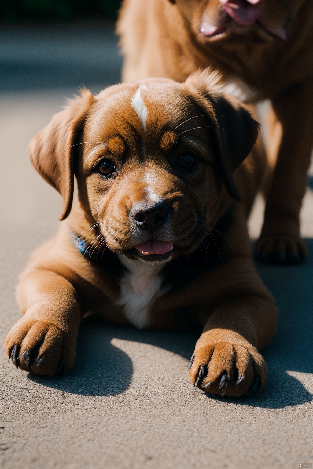  Hyperdetailed Photography,a brown puppy lies on the ground and looks at the audience, happy, very cute, close-up, professional photography,