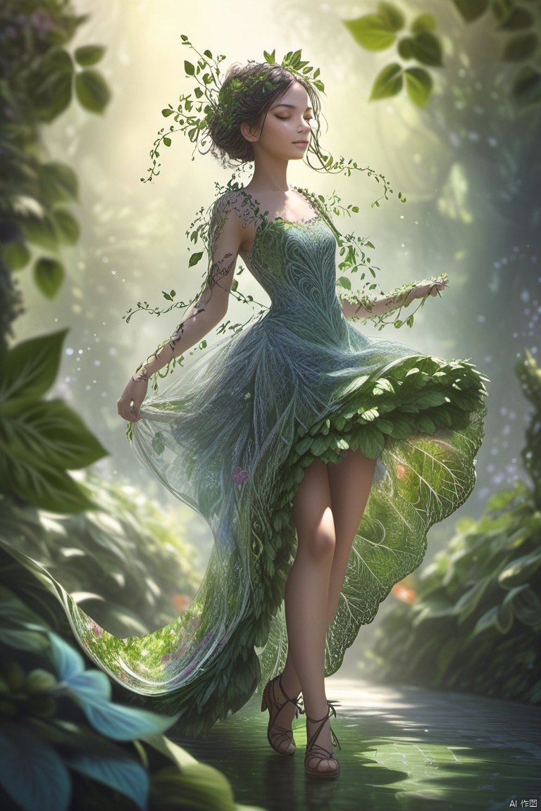 illustrious, girl, dancing on leaves and flower petals made of g1h3r, grsw and covered in fractal vines, intricate details, colorful, magical, realism, hyperrealistic, fractalvines, a beautiful girl, (cabbage with large leaves)_dress