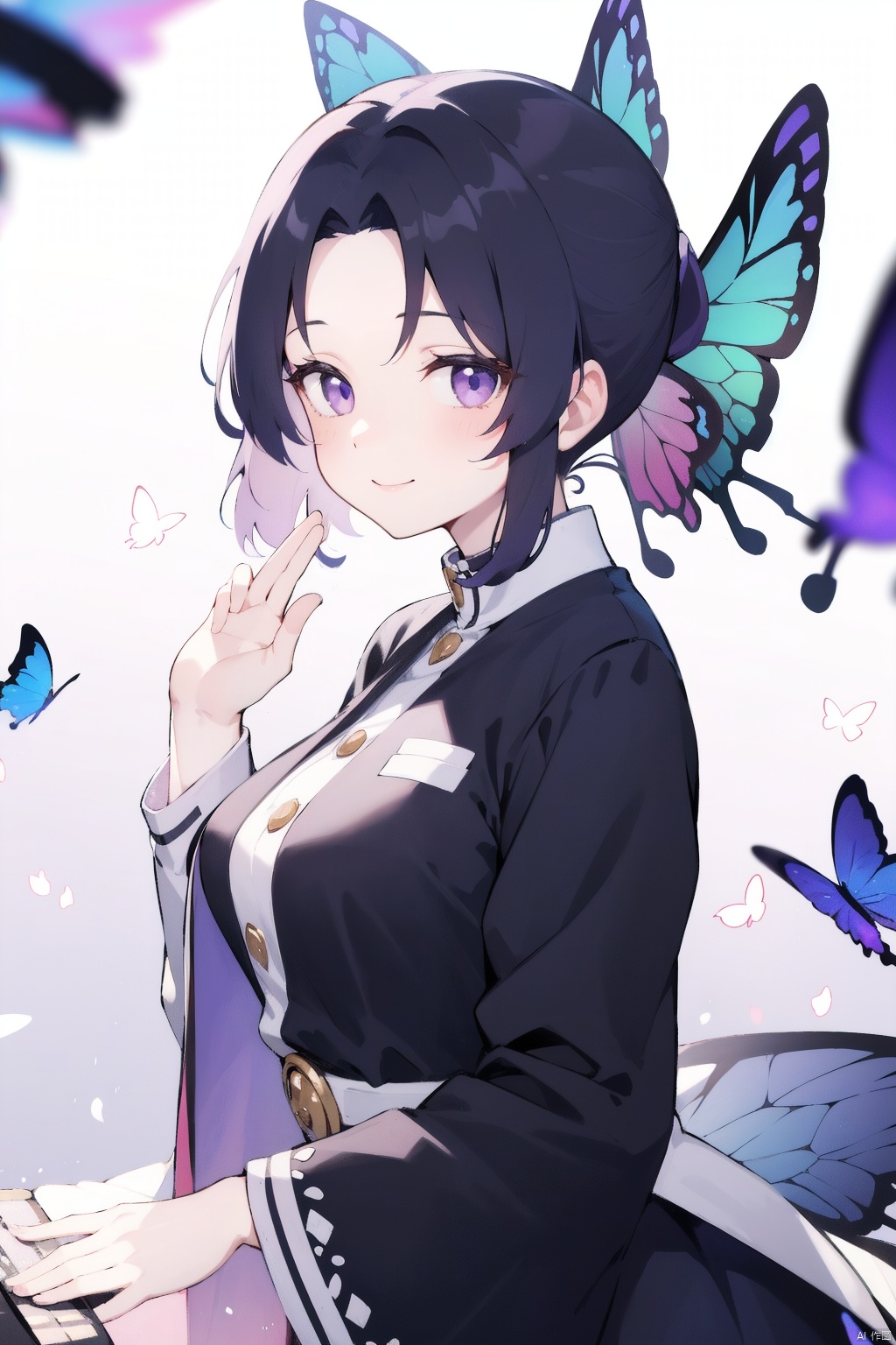 1girl,kochou shinobu,breasts,looking at viewer,smile,long sleeves,closed mouth,butterfly,