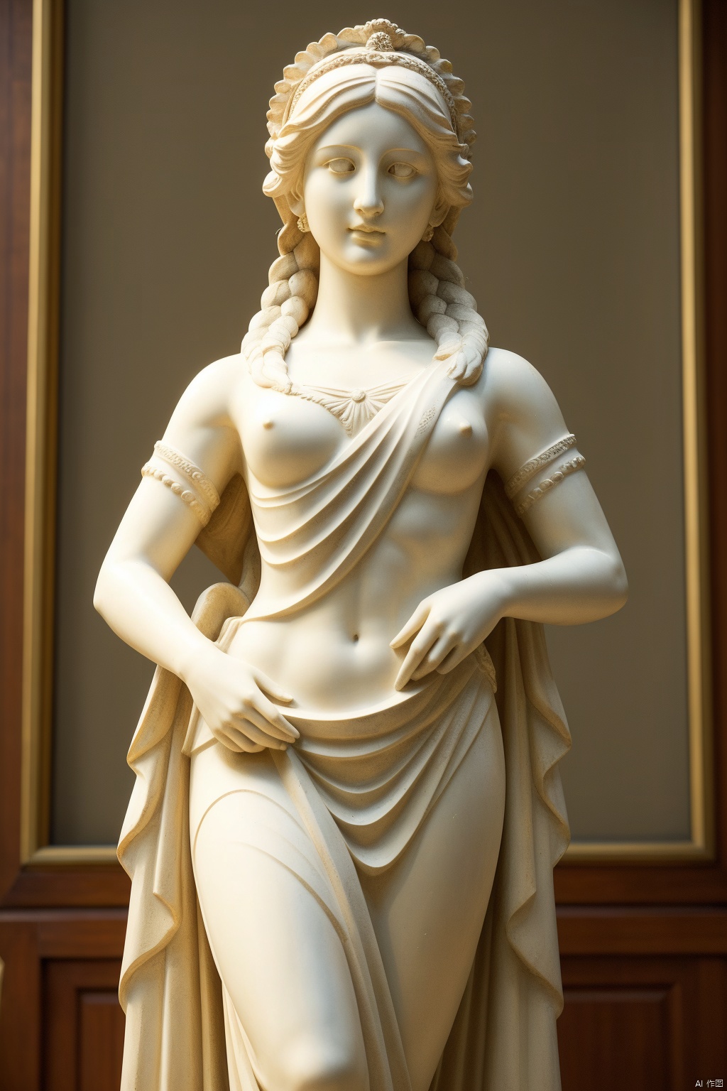 Hyperdetailed Photography,Mamiya photography,film grain,1950s style,foreground blur,close up,Marble sculpture, female figure, classical style, Greco-Roman art, draped fabric, contrapposto pose, detailed hairstyle with braids and tiara, neutral background, natural light beam, museum setting, artful nudity, subtle patina, intricately carved, full figure, timeless beauty, cultural artifact.,