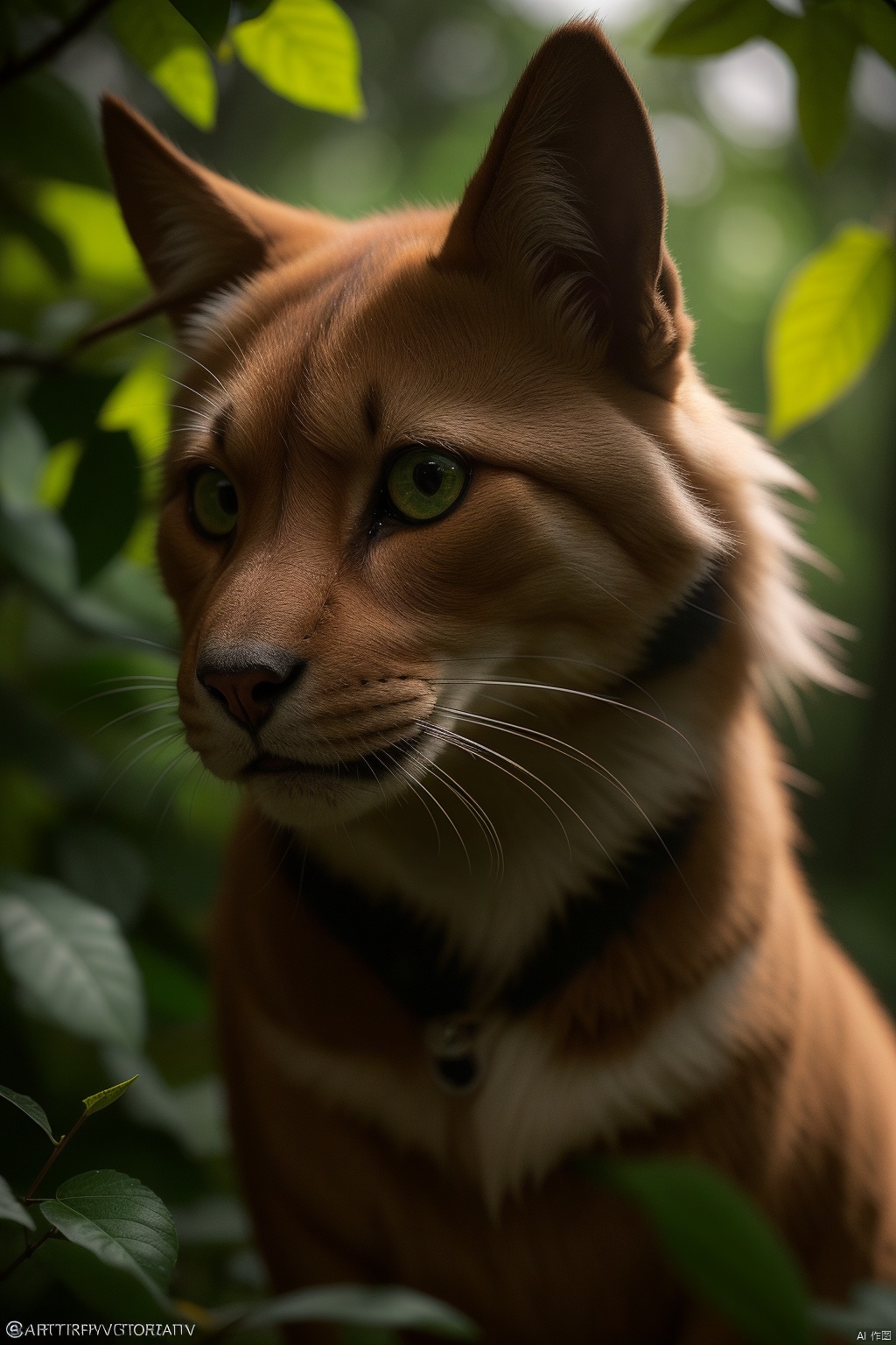  Hyperdetailed Photography,beautiful skiny creature, fur and fluffs, eyelashes, vivid orange and black, deep rich saturated orange color, (depth of field:1.4), 8k resolution, photorealistic, masterpiece, intricately detailed, natural lighting, volumetric lighting, concept art, elegant, artstation, sun blicks, green eyes, green leaves