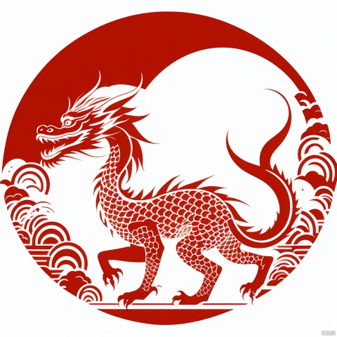  dragon pattern, flat, white background, monochrome, full body, from side, no humans, fangs, red theme