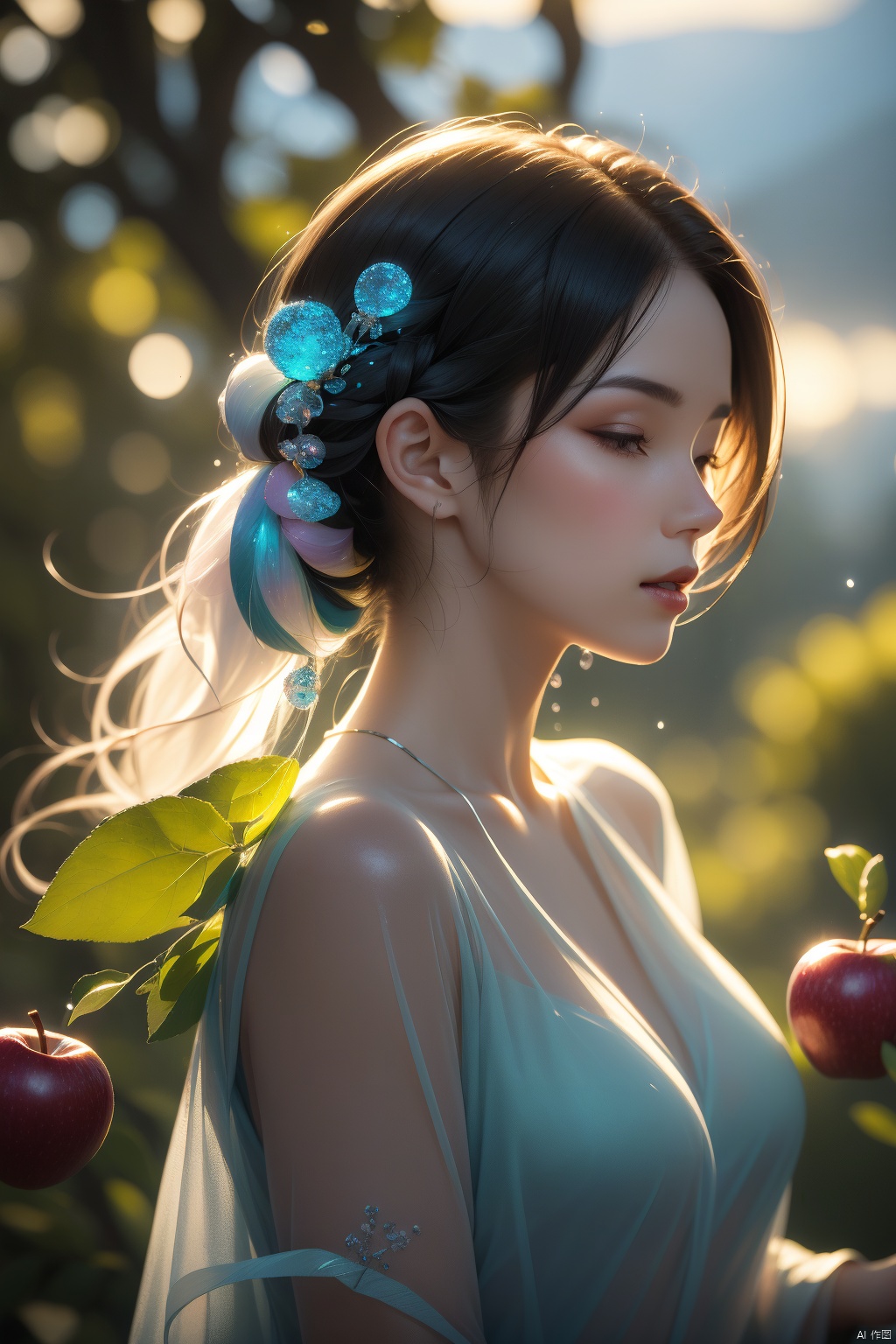 a delicate apple made of opal hung on branch  in the early morning light, adorned with glistening dewdrops. in the background beautiful valleys, divine iridescent glowing, opalescent textures, volumetric light, ethereal, sparkling, light inside body, bioluminescence, studio photo, highly detailed, sharp focus