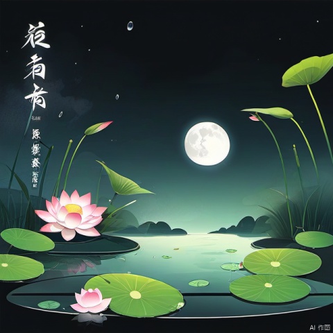  the 24 Traditional Chinese Solar Terms\(Rain Water\),flat,black background, flower, water, sweatdrop, no humans, leaf, moon, scenery, full moon, lily pad, lotus,, the 24 Traditional Chinese Solar Terms\(