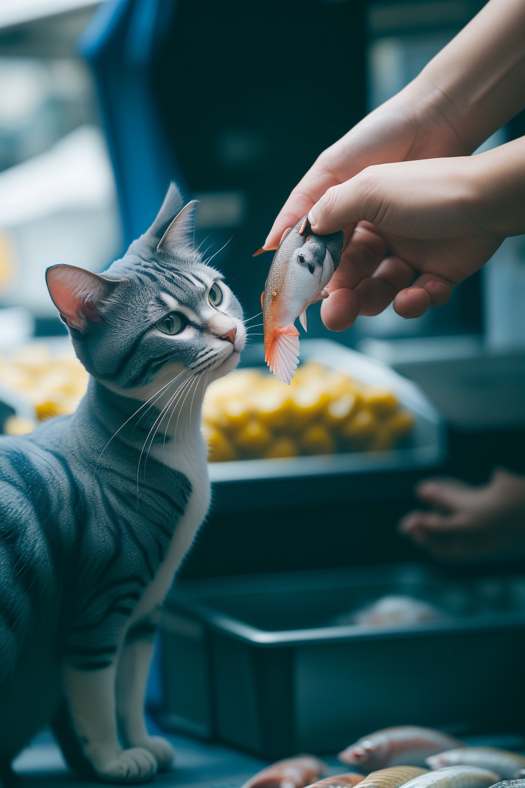 Hyperdetailed Photography,image of a hand offering money to a fishmonger cat, holding fish, 8k, ultra detailed, at the market