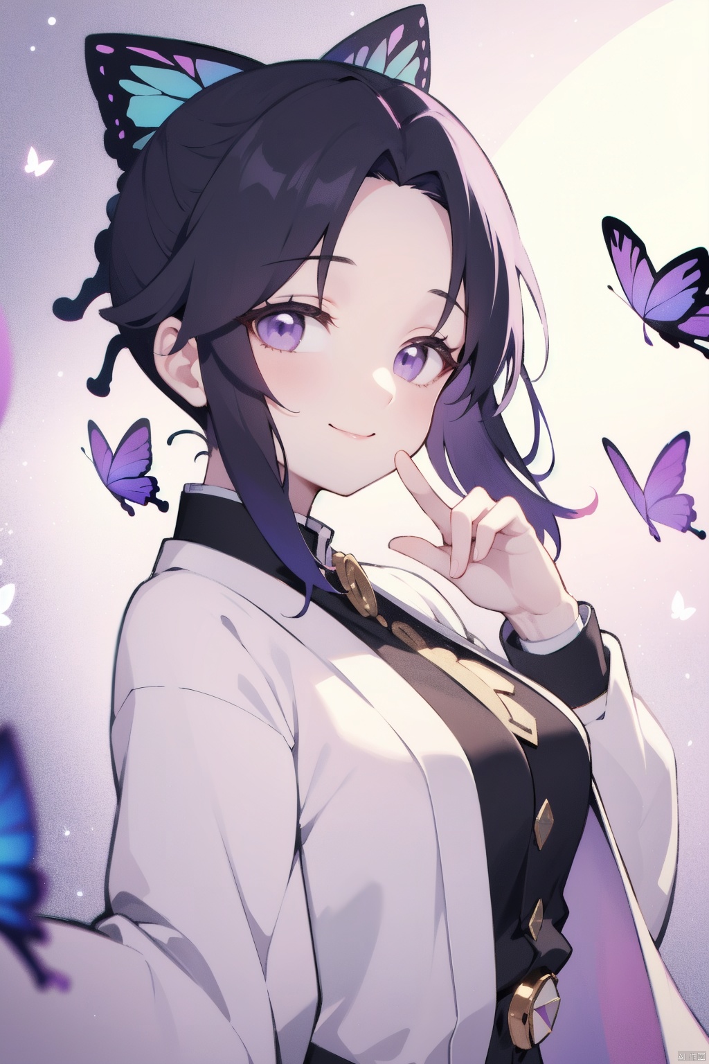 1girl,kochou shinobu,breasts,looking at viewer,smile,long sleeves,closed mouth,butterfly,