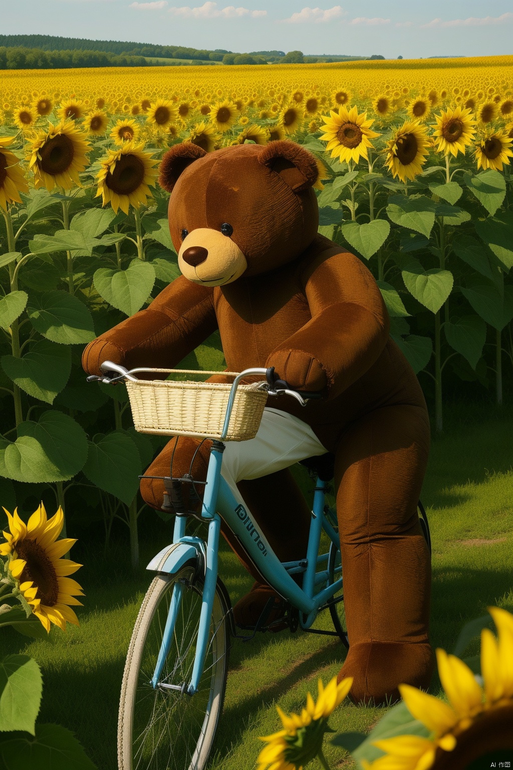 Hyperdetailed Photography,ï»¿A giant teddy bear riding a bicycle through a field of sunflowers.