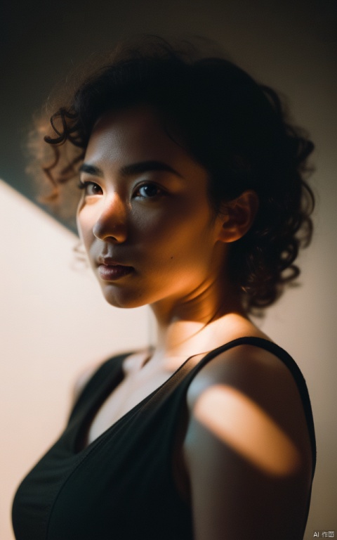 1girl,solo,upper body,curly hair,in the dark,dress,deep shadow,reflection light,depth of field,black background,simple background,( chiaroscuro,Fujicolor, UHD, super detail ,raw,85mm,f/1.2,FujifilmXT4,),1,
