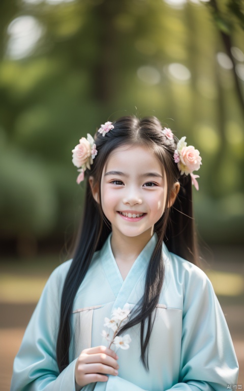 chinese_clothes,hanfu,a girl smiling at the camera with trees in the background,solo,outdoors,tree,day,smile,long hair,looking at viewer,long sleeves,flower,teeth,upper body,holding,dress,black hair,hair ornament,an 8-year-old girl,