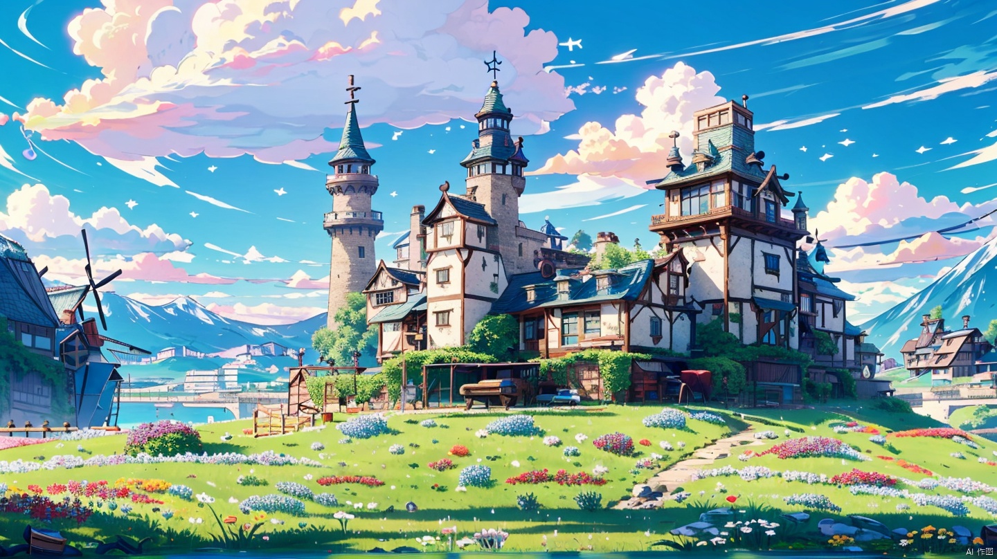  (masterpiece:1.2), best quality,UE5,scenery, cloud, sky, outdoors, day, architecture, cloudy sky, building, fantasy, stairs, city, blue sky, Anime,grass mountain, door,grassland, castle, one house, chimney, windmill,no humans, blue archive