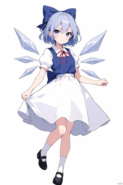  1girl, solo, looking at viewer, smile, short hair, blue eyes, shirt, white background, dress, bow, ribbon, blue hair, full body, white shirt, short sleeves, hair bow, wings, shoes, socks, puffy sleeves, black footwear, red ribbon, puffy short sleeves, v-shaped eyebrows, neck ribbon, blue dress, blue bow, white socks, foreshortening, mary janes, ice, ice wings, snowflakes, cirno