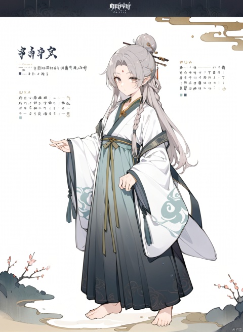  (front view:1.2),1boy,shota,masterpiece, best quality,(standing:1),full body,pose,empty-handed,round face,
,elf,barefoot,

gray hair,long hair,1 hair stick,1 hair_bun,
 parted bangs,long side hair,1 side braid,

(chinese pants:1.15),wide sleeves,

forehead Pendant,

,wuxia,chinese_clothes,hanfu clothes,

(multiple views, full body, upper body, reference sheet:1), ultra-detailed, illustration,face close_up


