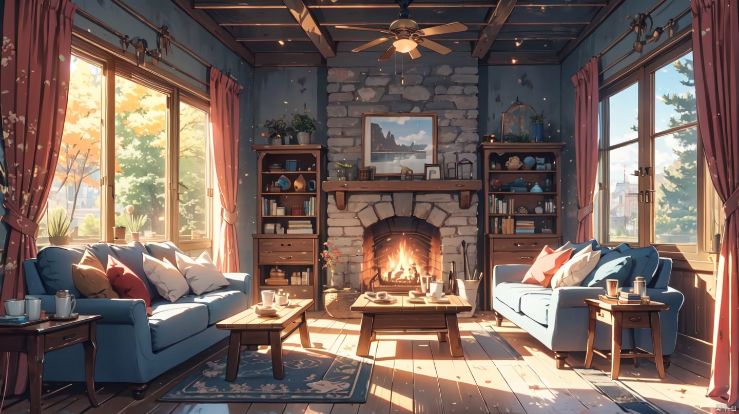  cozy animation scenes,fantasy,(Victoria:1.2),no humans, indoors,london,Middle Ages,classical,living room,fireplace,curtains,window,door,log cabin