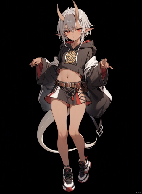  solo, (front view:1.2),shota,masterpiece, best quality,(standing:1),full body,pose,simple_background,black_background,

,elf,androgynous,round_face,(brown_skin:1.3),navel,
red eyes,

,loong tail,oni,skin-covered horns,dragon_horns,

gray hair,short hair with long locks,sidelocks,


sneakers,skirt,belt,(chinese_clothes:0.8),big sleeves,Hoodies,
