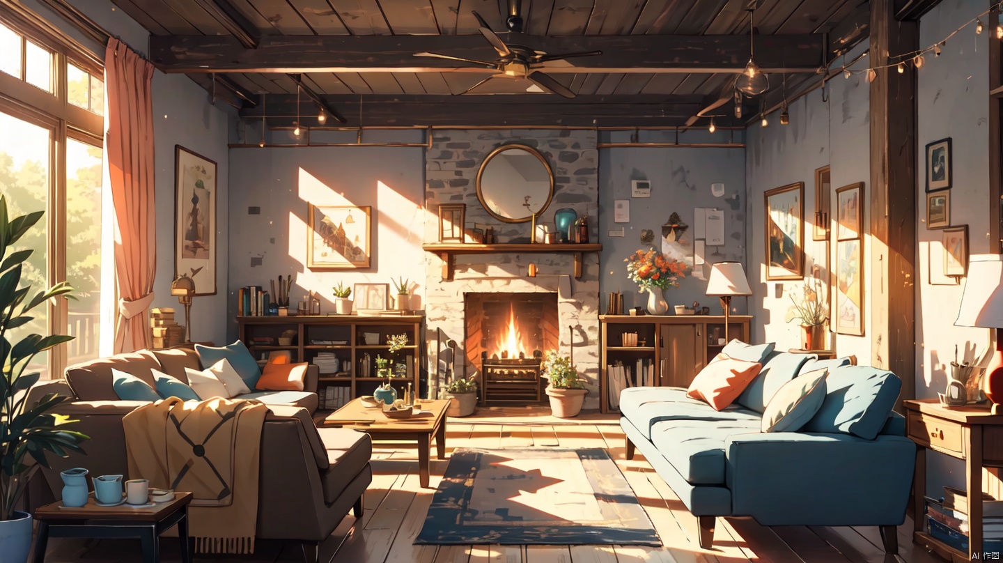  cozy animation scenes,fantasy,(Victoria:1.2),no humans, indoors,london,Middle Ages,classical,living room,fireplace