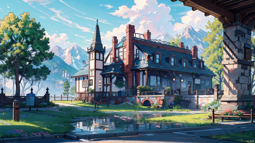  (((masterpiece))), ((extremely detailed CG unity 8k wallpaper)), best quality, high resolution illustration, Amazing, highres, intricate detail, (best illumination, best shadow, an extremely delicate and beautiful),

2D ConceptualDesign, outdoors, tree, flower, day, grass, scenery, plant, sky, nature, house, door,lake,river,mountain,village,day
, castle,no humans, england,Victoria