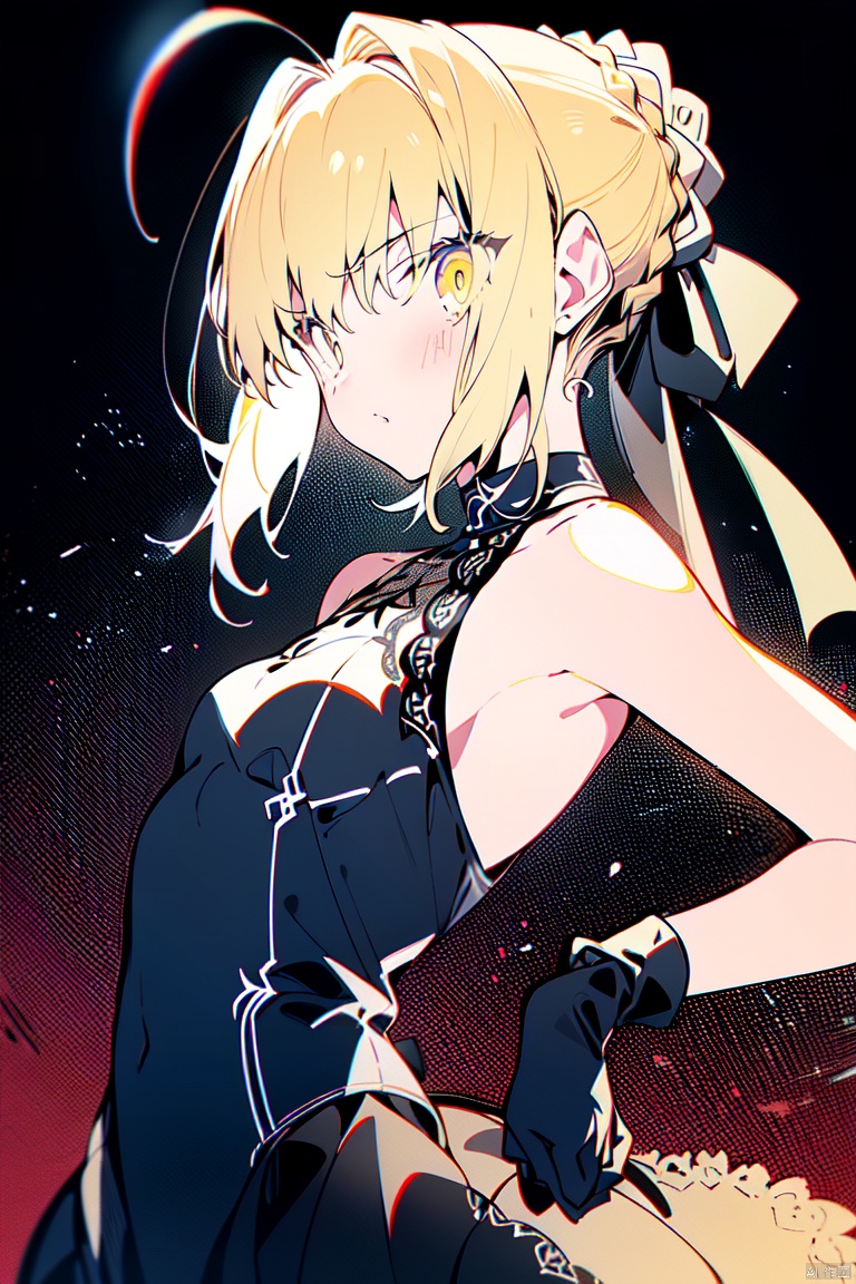 

 masterpiece,1girl, solo, breasts, short hair, bangs, blonde hair,gloves, dress, ribbon, bare shoulders, hair ribbon, yellow eyes, braid, ahoge, sidelocks, small breasts, sleeveless, black gloves, hair bun, black dress, black ribbon, sleeveless dress, single hair bun, french braid, artoria pendragon \(fate\), saber,

