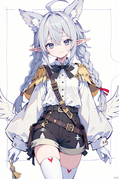  simple_background,1girl,looking_at_viewer, smile, solo, 

,elf_ears,head_wings,naked_thighhighs,

gray hair,braid,ahoge,long_hair,

,(shorts:1.2),white_gloves,white shirt,belt,bow,trim,puffy long sleeves,cross, feather epaulettes,clothing_button,feather trim