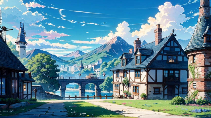  (masterpiece:1.2), best quality,UE5,scenery, cloud, sky, outdoors, day, architecture, cloudy sky, building, fantasy, stairs, city, blue sky, Anime,grass mountain, door,grassland, castle, one house, chimney, windmill,no humans, blue archive