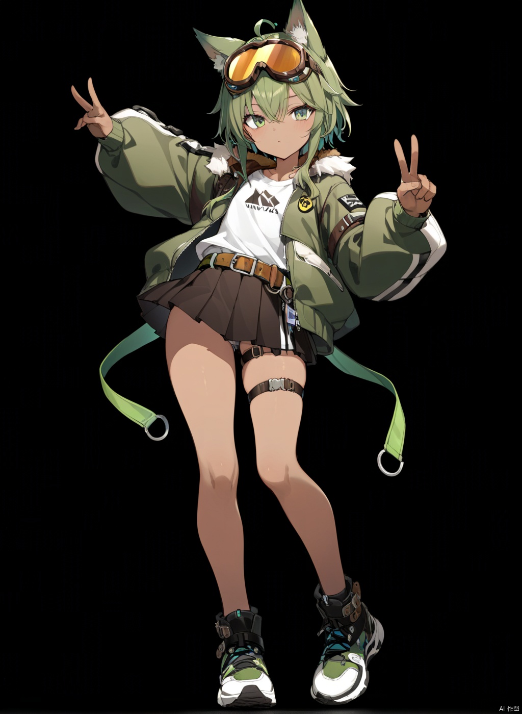  solo, (front view:1.2),shota,masterpiece, best quality,(standing:1.15)
,full body,pose,simple_background, black_background,

,androgynous,round_face,(brown_skin:1.5),,
eyes,(cool:1.1),cool,

,wolf ears,
green hair,(short hair with long locks:1.1),sidelocks,ahoge,
short hair,

leg belt,hair_pin,bow, big Zipper head,big Screw, leather goggles,goggles on head, glove,

sneakers,dark Pleated skirt,belt,stockings,

white shirt,big green flight jacket, anime,big sleeve,