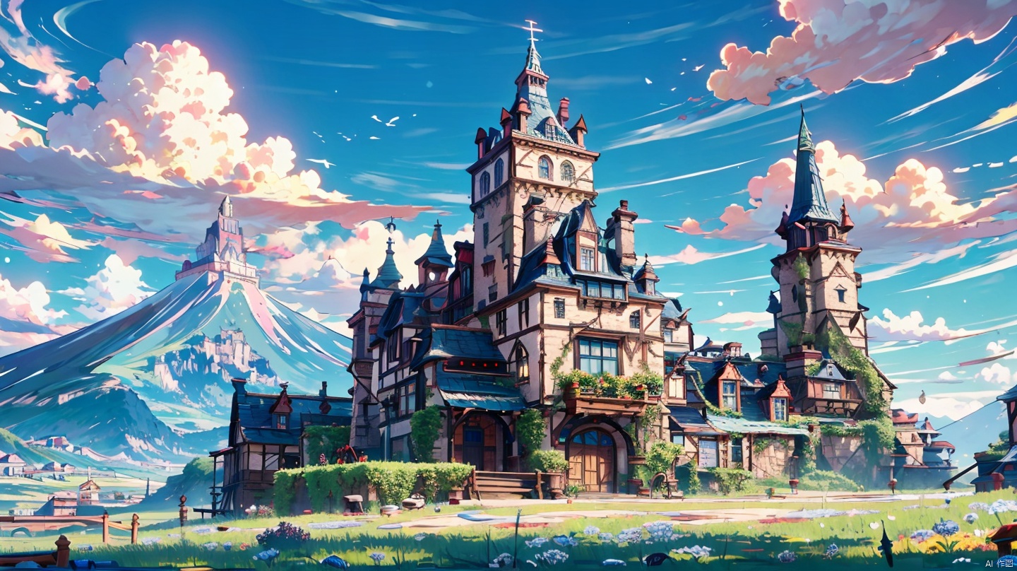  (masterpiece:1.2), best quality,UE5,scenery, cloud, sky, outdoors, day, architecture, cloudy sky, building, fantasy, stairs, city, blue sky, Anime,grass。mountain, door,grassland, castle