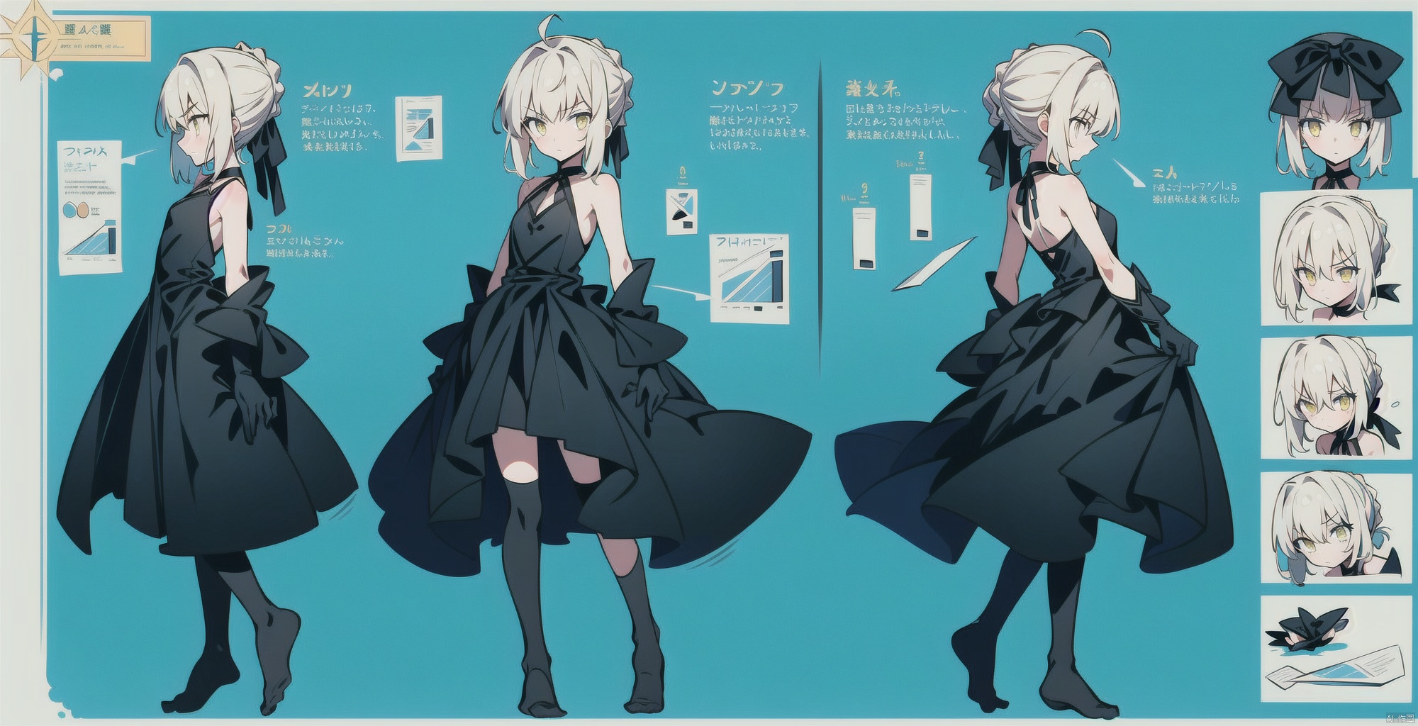  (front view:1.15),((multiple views:1.2)), best quality, (ultra-detailed:1.1), (illustration:1.1), (infographic:1.2), (solo), perfectly drawn hands, standing, cohesive background, paper, action, (character design:1.2),full body,masterpiece, 

(loli), ((no shoes)),1girl, solo,breasts,small breasts, yellow eyes, bare shoulders,
 
 short hair, bangs, blonde hair, french braid, 

(black stockings:1.2),glove, dress, ribbon, hair ribbon, braid, sleeveless, hair bun, black dress, black ribbon, sleeveless dress, single hair bun, artoria pendragon \(fate\), saber,

