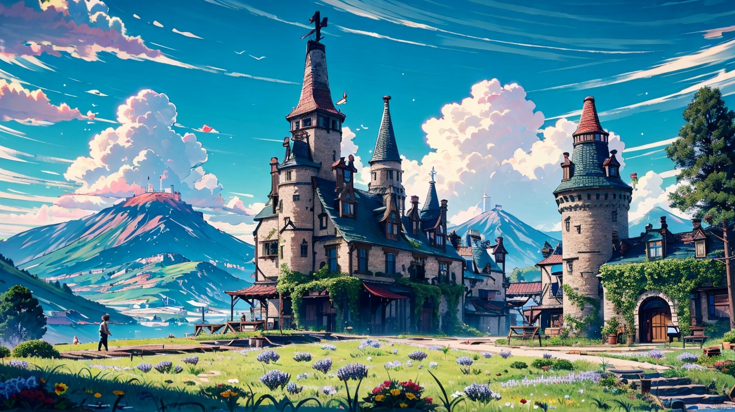  (masterpiece:1.2), best quality,UE5,scenery, cloud, sky, outdoors, day, architecture, cloudy sky, building, fantasy, stairs, city, blue sky, Anime,grass mountain, door,grassland, castle, one house, chimney, windmill