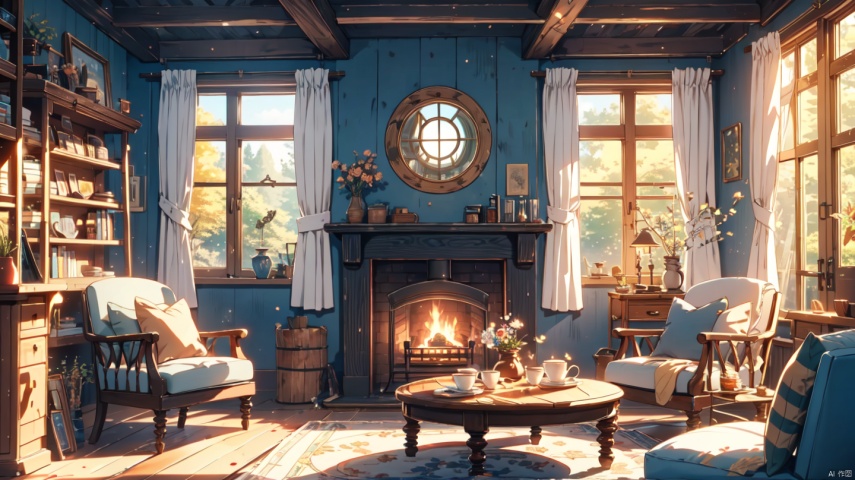  cozy animation scenes,fantasy,(Victoria:1.2),no humans, indoors,london,Middle Ages,classical,living room,

Stone fireplace,curtains,window,door,log cabin,Wooden bookshelf,Wooden chair,Wooden tea table,pendant