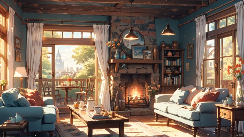  cozy animation scenes,fantasy,(Victoria:1.2),no humans, indoors,london,Middle Ages,classical,living room,

Stone fireplace,curtains,window,door,log cabin,Wooden bookshelf,Wooden chair,Wooden tea table,pendant