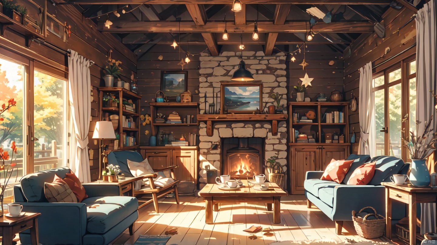  cozy animation scenes,fantasy,no humans, indoors,Middle Ages,classical,living room,

Stone fireplace,curtains,window,door,log cabin,Wooden bookshelf,Wooden chair,Wooden tea table,Wooden wall,1 pendant,