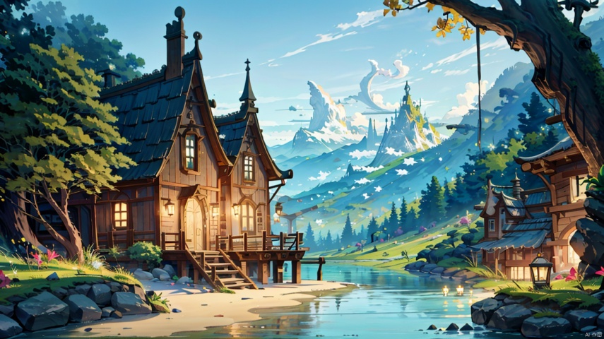  (((masterpiece))), ((extremely detailed CG unity 8k wallpaper)), best quality, high resolution illustration, Amazing, highres, intricate detail, (best illumination, best shadow, an extremely delicate and beautiful),

2D ConceptualDesign, outdoors, tree, flower, day, grass, scenery, plant, sky, nature, house, door,lake,river,mountain,village,day
, Anime