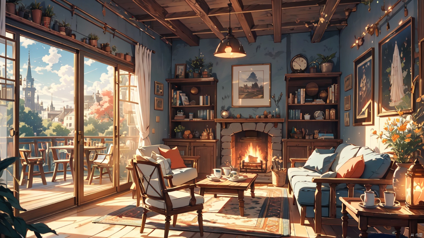 cozy animation scenes,fantasy,no humans, indoors,Middle Ages,classical,living room,balcony,

Stone fireplace,curtains,Wooden window,door,log cabin,Wooden bookshelf,Wooden chair,Wooden tea table,Wooden wall,1 pendant,