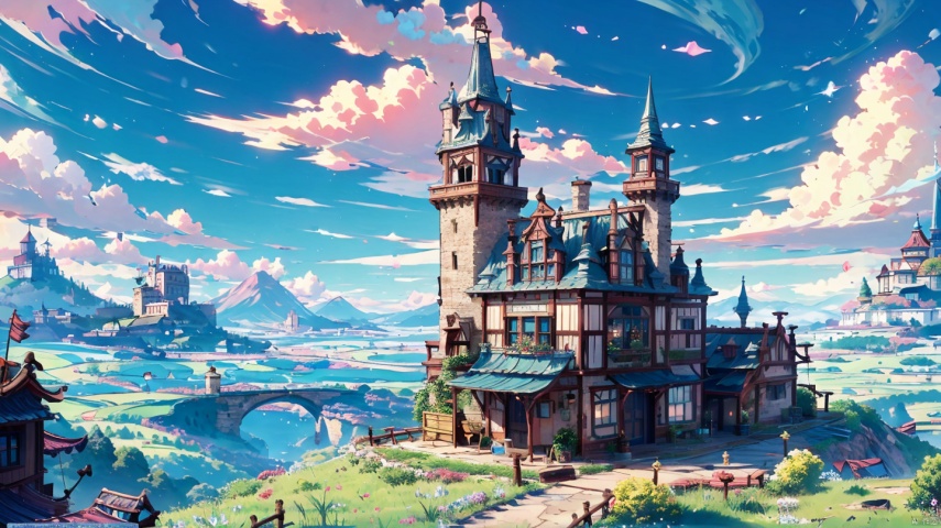  (masterpiece:1.2), best quality,UE5,scenery, cloud, sky, outdoors, day, architecture, cloudy sky, building, fantasy, stairs, city, blue sky, Anime,grass。mountain, door,grassland, castle