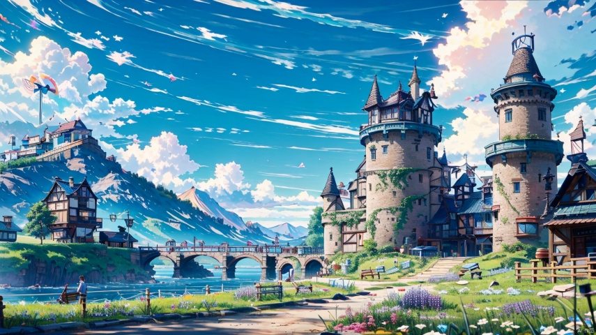  (masterpiece:1.2), best quality,UE5,scenery, cloud, sky, outdoors, day, architecture, cloudy sky, building, fantasy, stairs, city, blue sky, Anime,grass mountain, door,grassland, castle, one house, chimney, windmill,no humans, blue archive