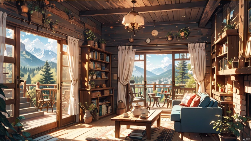  cozy animation scenes,fantasy,no humans, indoors,Middle Ages,classical,living room,balcony,
mountain,forest,

(Stone fireplace:1.15),curtains,Wooden window,door,log cabin,Wooden bookshelf,Wooden chair,Wooden tea table,Wooden wall,1 pendant,books,staircase