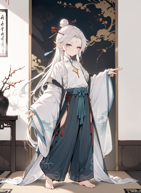  (front view:1.2),1boy,shota,masterpiece, best quality,(standing:1),full body,pose,empty-handed,
,elf,

dark white hair,long hair,hair stick,1 hair_bun,
 parted bangs,long side hair,

long pants,sleeves

forehead Pendant,

,wuxia,chinese_clothes,




