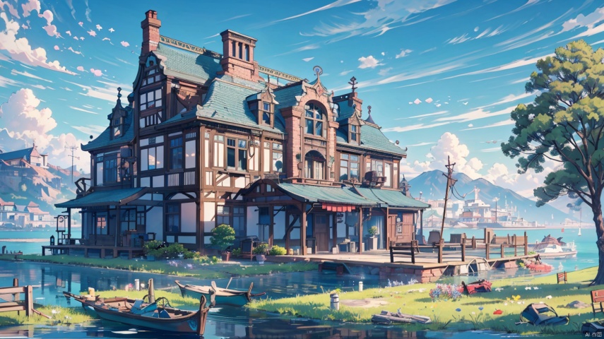  (((masterpiece))), ((extremely detailed CG unity 8k wallpaper)), best quality, high resolution illustration, Amazing, highres, intricate detail, (best illumination, best shadow, an extremely delicate and beautiful),

2D ConceptualDesign, outdoors, tree, flower, day, grass, scenery, plant, sky, nature, house, door,lake,river,mountain,village,day
, castle,no humans, england,Victoria