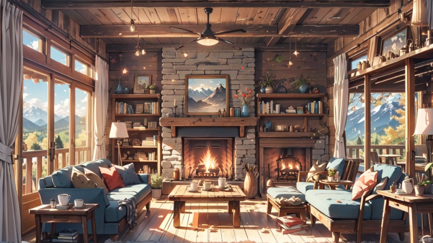  cozy animation scenes,fantasy,no humans, indoors,Middle Ages,classical,living room,balcony,
mountain,forest,

(Stone fireplace:1.15),curtains,Wooden window,door,log cabin,Wooden bookshelf,Wooden chair,Wooden tea table,Wooden wall,1 pendant,books,Wooden photo frame, door