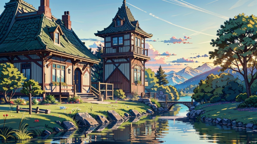  (((masterpiece))), ((extremely detailed CG unity 8k wallpaper)), best quality, high resolution illustration, Amazing, highres, intricate detail, (best illumination, best shadow, an extremely delicate and beautiful),

2D ConceptualDesign, outdoors, tree, flower, day, grass, scenery, plant, sky, nature, house, door,lake,river,mountain,village,day
