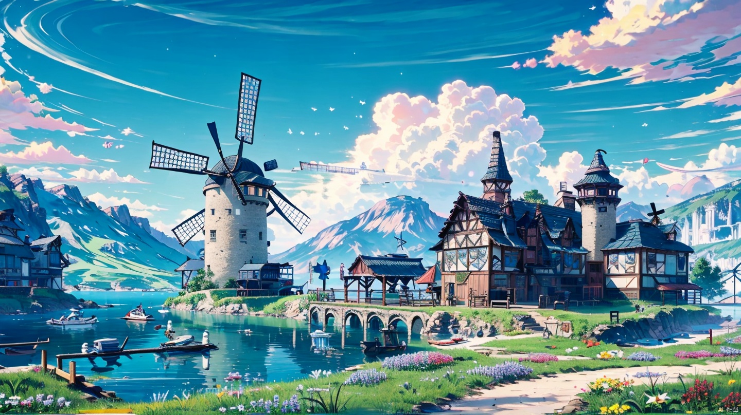  (masterpiece:1.2), best quality,UE5,scenery, cloud, sky, outdoors, day, architecture, cloudy sky, building, fantasy, stairs, city, blue sky, Anime,grass mountain, door,grassland, castle, one house, chimney, windmill,no humans, blue archive