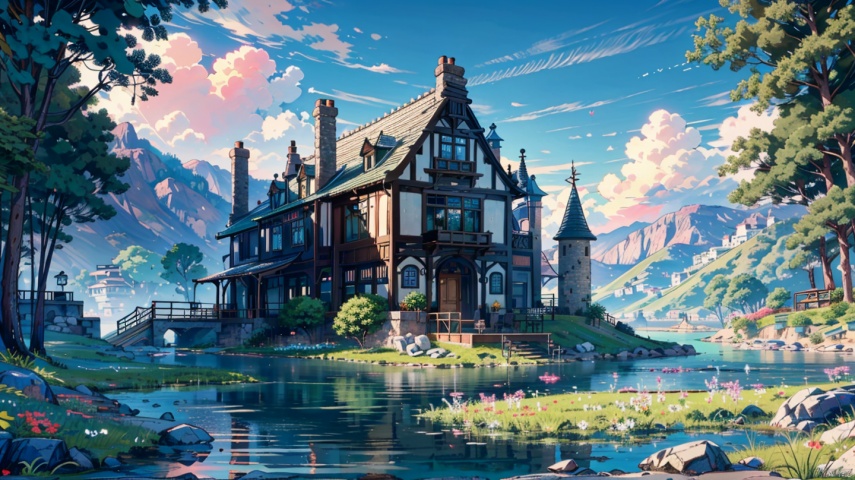  (((masterpiece))), ((extremely detailed CG unity 8k wallpaper)), best quality, high resolution illustration, Amazing, highres, intricate detail, (best illumination, best shadow, an extremely delicate and beautiful),

2D ConceptualDesign, outdoors, tree, flower, day, grass, scenery, plant, sky, nature, house, door,lake,river,mountain,village,day
, castle,no humans