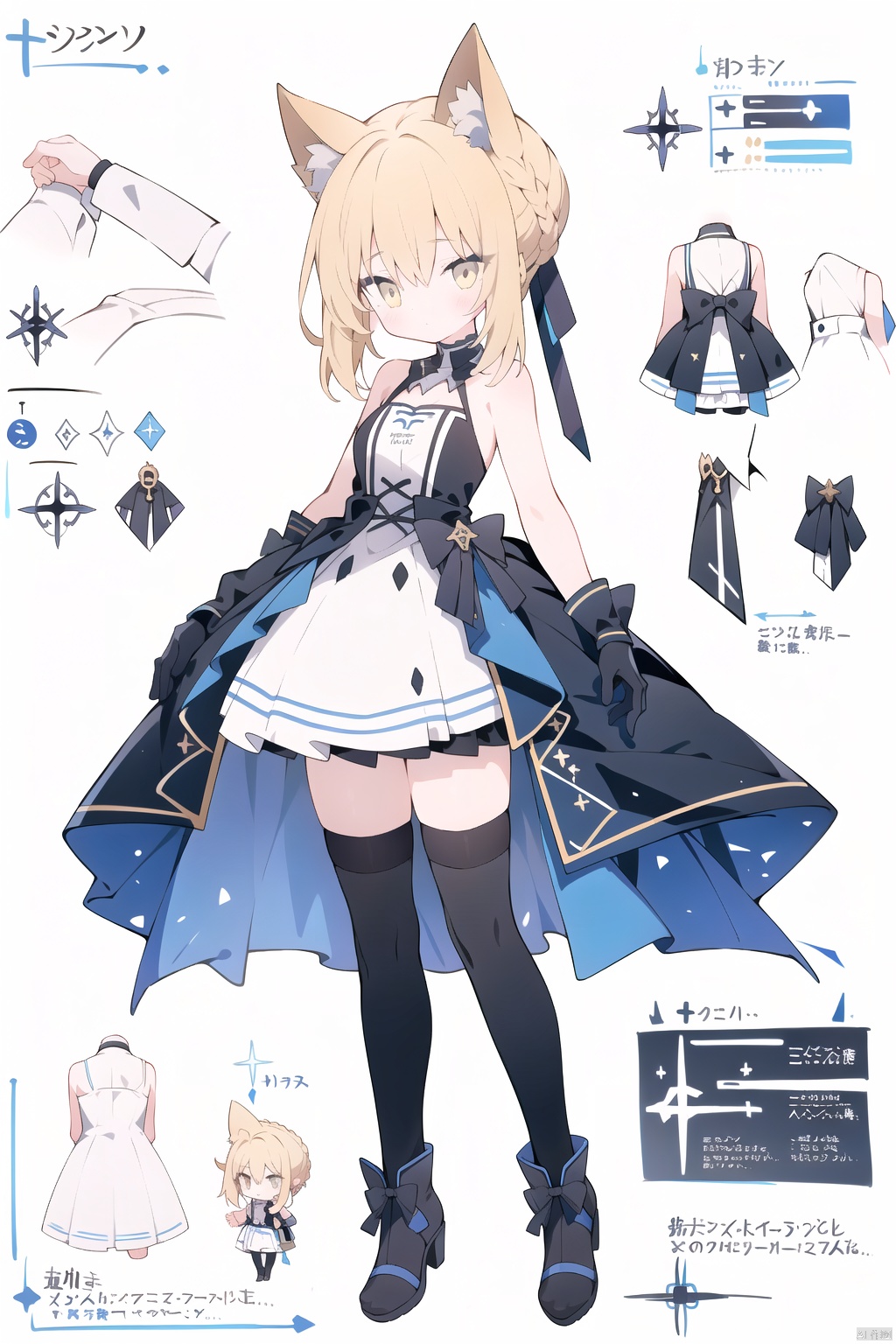  (front view:1.15), best quality, (ultra-detailed:1.1), (illustration:1.1), (infographic:1.2), (solo), perfectly drawn hands, standing, simple background, paper, action, (character design:1.2),full body,masterpiece, 

(loli),1girl, solo,breasts,small breasts, yellow eyes, bare shoulders,(no tail:1.2),beast ears,
 
 short hair, bangs, blonde hair, french braid, 

(black stockings:1.2),glove, dress, ribbon, hair ribbon, braid, sleeveless, hair bun, black dress, black ribbon, sleeveless dress, single hair bun, artoria pendragon \(fate\), saber,

