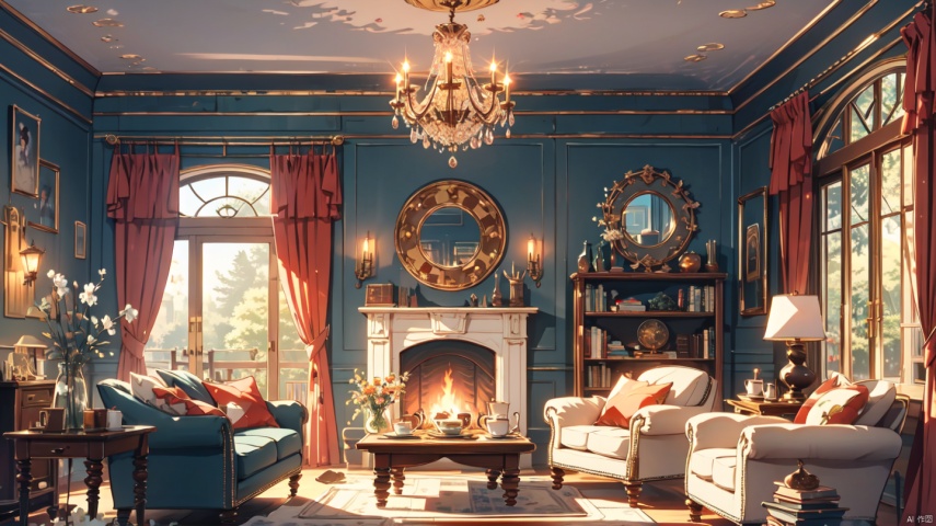  cozy animation scenes,fantasy,(Victoria:1.2),no humans, indoors,london,Middle Ages,classical,no modern
,living room,Classical Furniture,

Stone fireplace,curtains,window,door,log cabin,Wooden bookshelf,Wooden chair,Wooden tea table,1 Crystal chandelier,Picture Frame